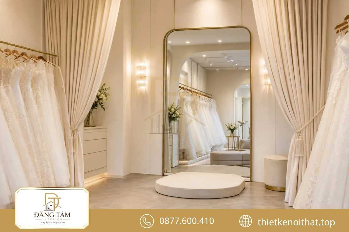 Khu gương và bục thử váy tạo góc quan sát toàn diện, chân thực