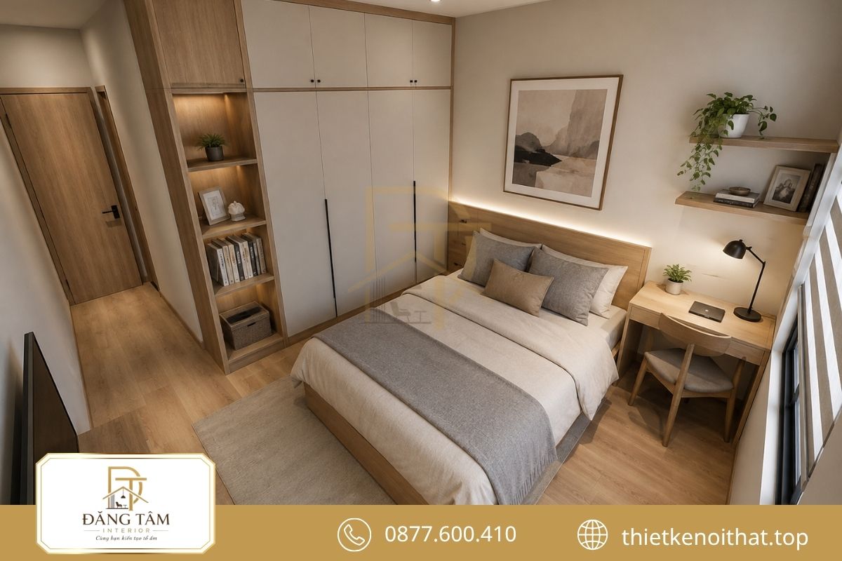 Kích thước nội thất phù hợp giúp phòng ngủ 11m2 giữ lối đi thông thoáng 