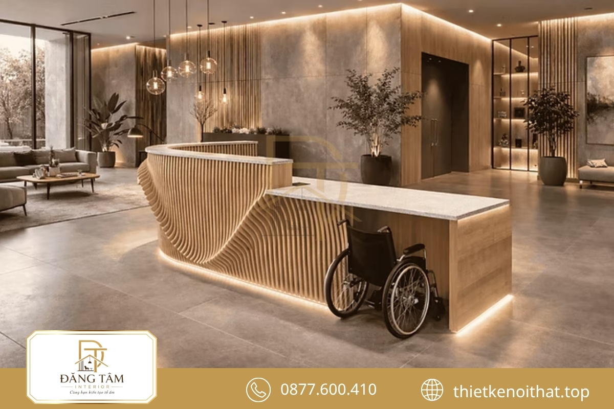 Kích thước quầy lễ tân phù hợp giữ không gian sảnh thông thoáng