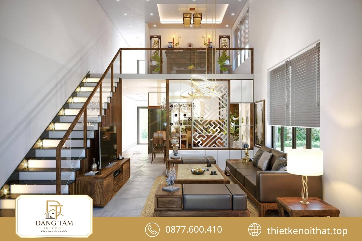 Gác lửng một phần giữ khoảng thông tầng sáng thoáng và cân đối