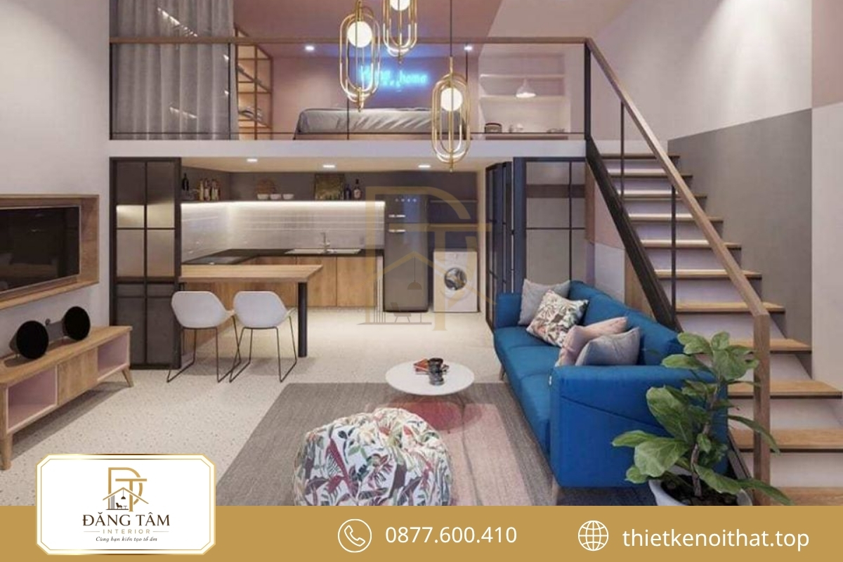 Gác lửng phía trên phòng khách mở rộng không gian sinh hoạt tiện nghi