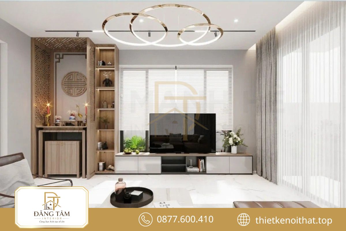 Vị trí bàn thờ cao ráo tạo cảm giác vững chãi và trang nghiêm