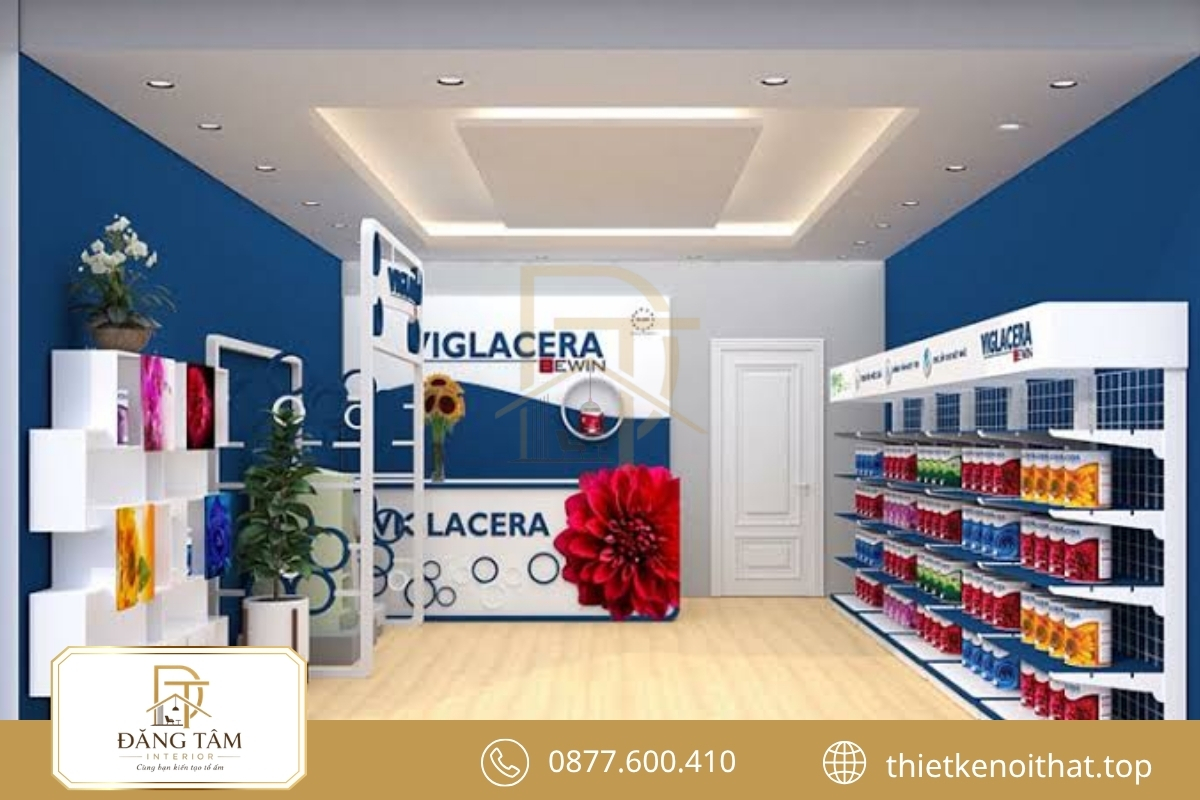 Mẫu thiết kế cửa hàng sơn nhỏ khai thác chiều cao để tiết kiệm diện tích