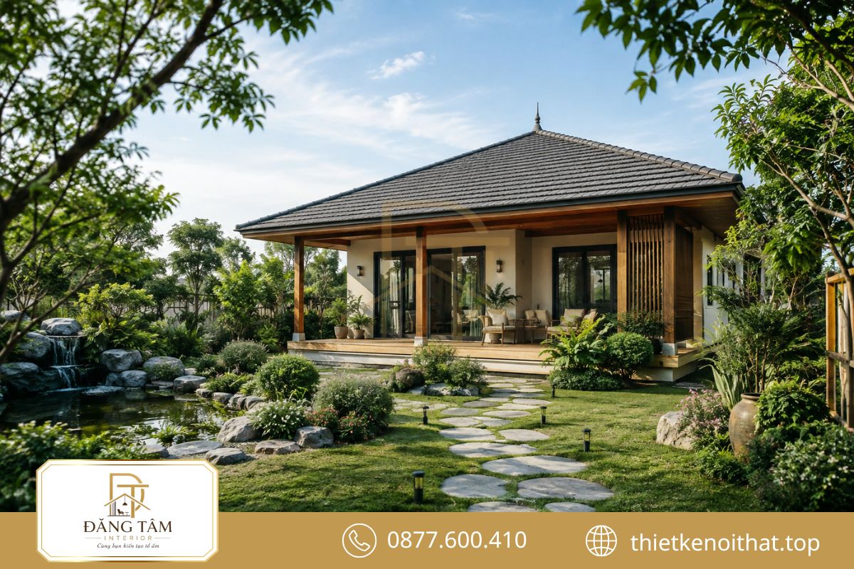 Sân vườn xanh tạo khoảng nghỉ thư thái quanh ngôi nhà một tầng
