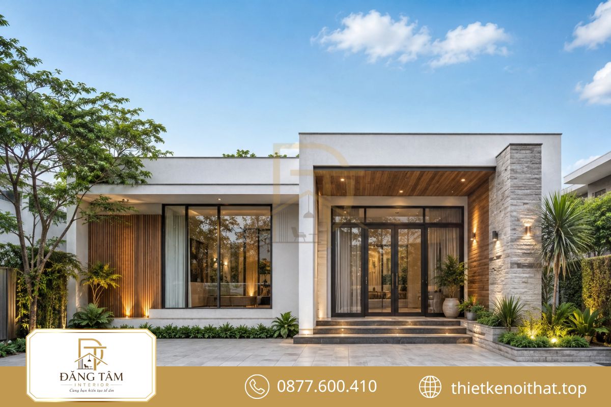 Sửa nhà cấp 4 thành nhà 1 tầng hiện đại nổi bật với hình khối gọn và vật liệu mới
