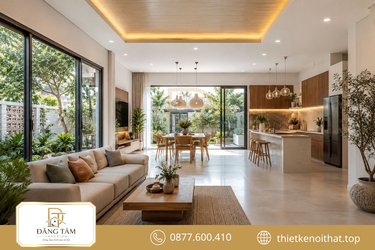 Không gian mở kết nối phòng khách bếp và bàn ăn thật tự nhiên