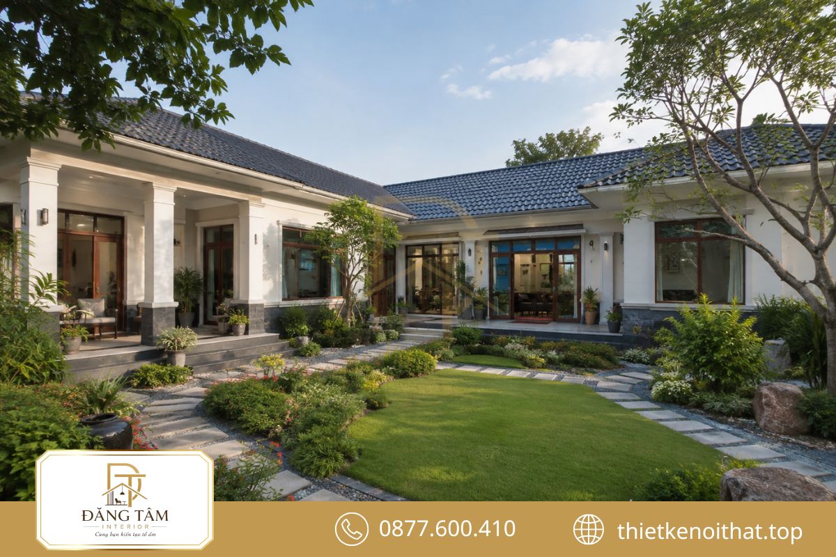 Sân vườn giúp nhà chữ L tạo cảm giác nghỉ dưỡng gần gũi thiên nhiên