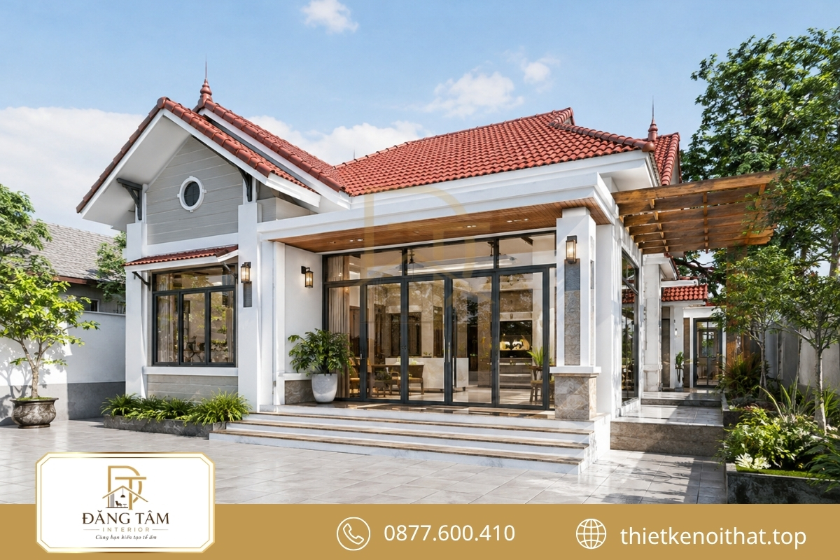Mẫu 1: Nhà cấp 4 mái ngói đỏ kết hợp mặt tiền hiện đại, cửa kính lớn và sân trước thoáng