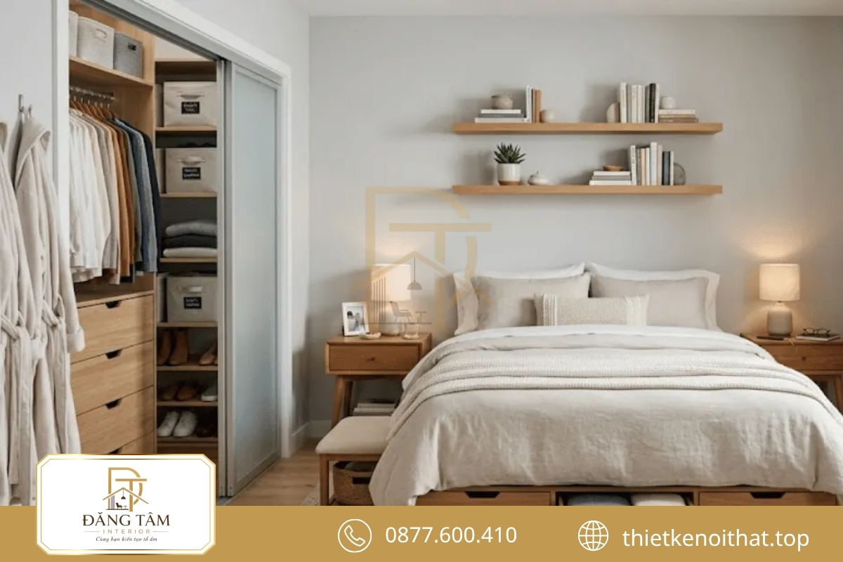 Tủ lớn và lối đi cân đối tạo phòng ngủ vợ chồng 13m2 tiện nghi