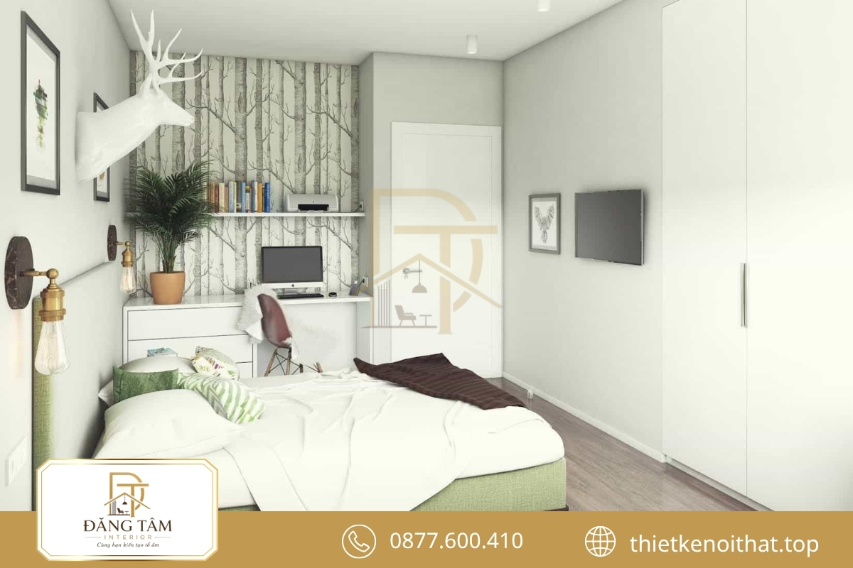 Nội thất liền tường giúp phòng ngủ chung cư 13m2 hiện đại và gọn mắt