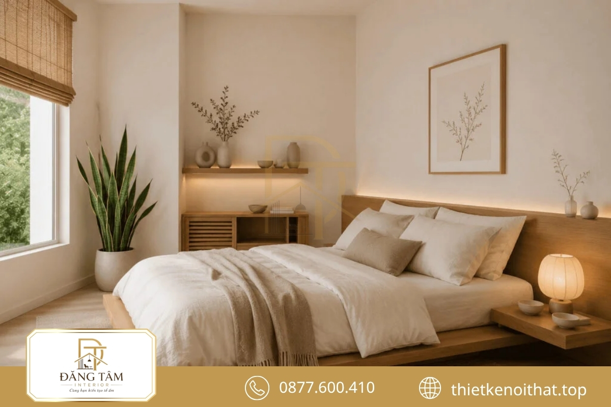 Vật liệu tự nhiên tạo phòng ngủ Japandi 13m2 nhẹ nhàng và thư thái