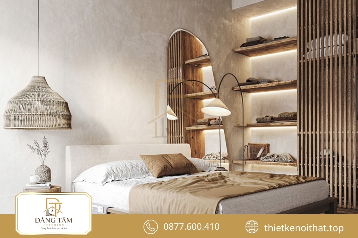 Bề mặt mộc mang lại chiều sâu tinh tế cho phòng ngủ Wabi Sabi
