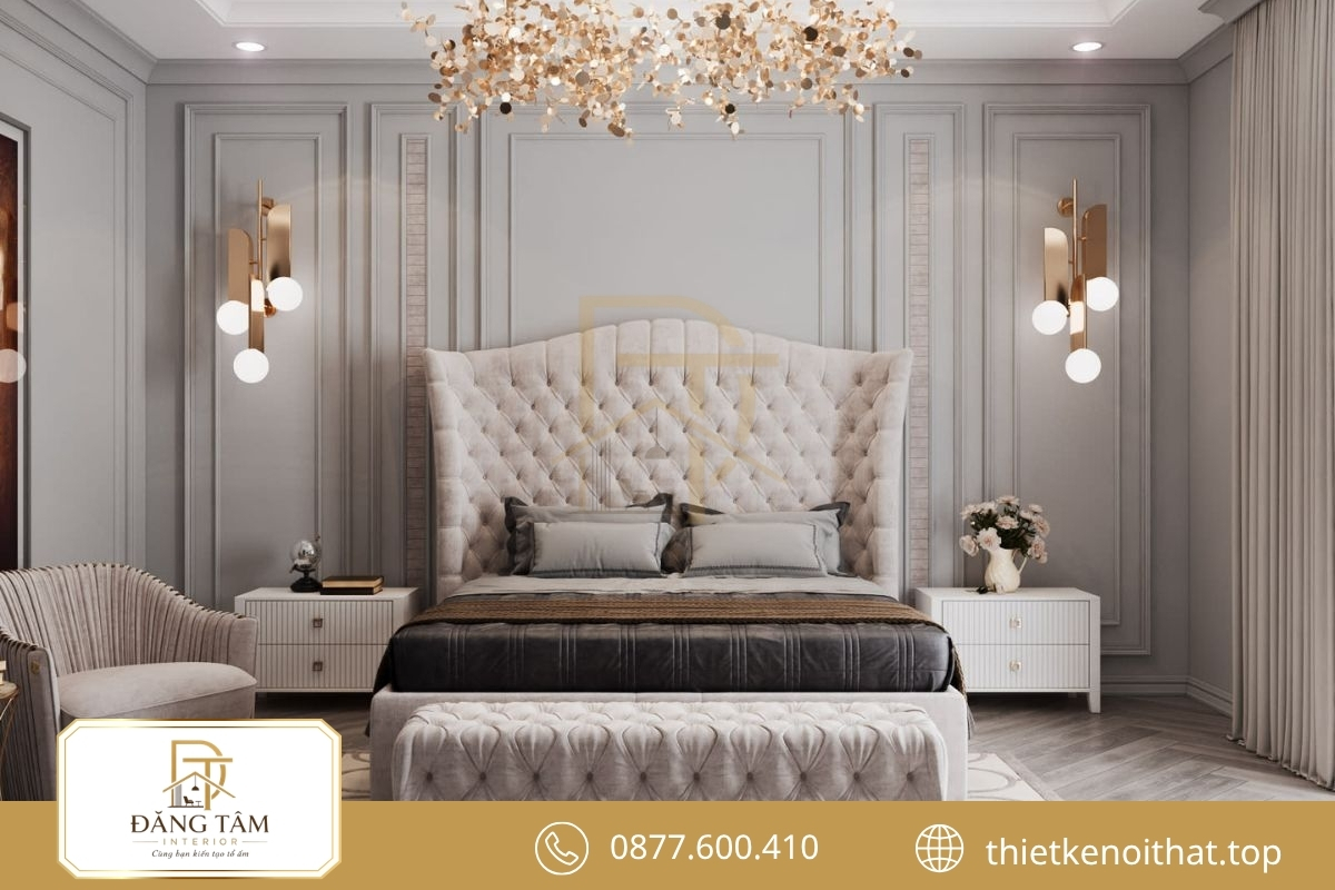Nội thất cổ điển châu Âu tạo điểm nhấn sang trọng quanh giường ngủ 