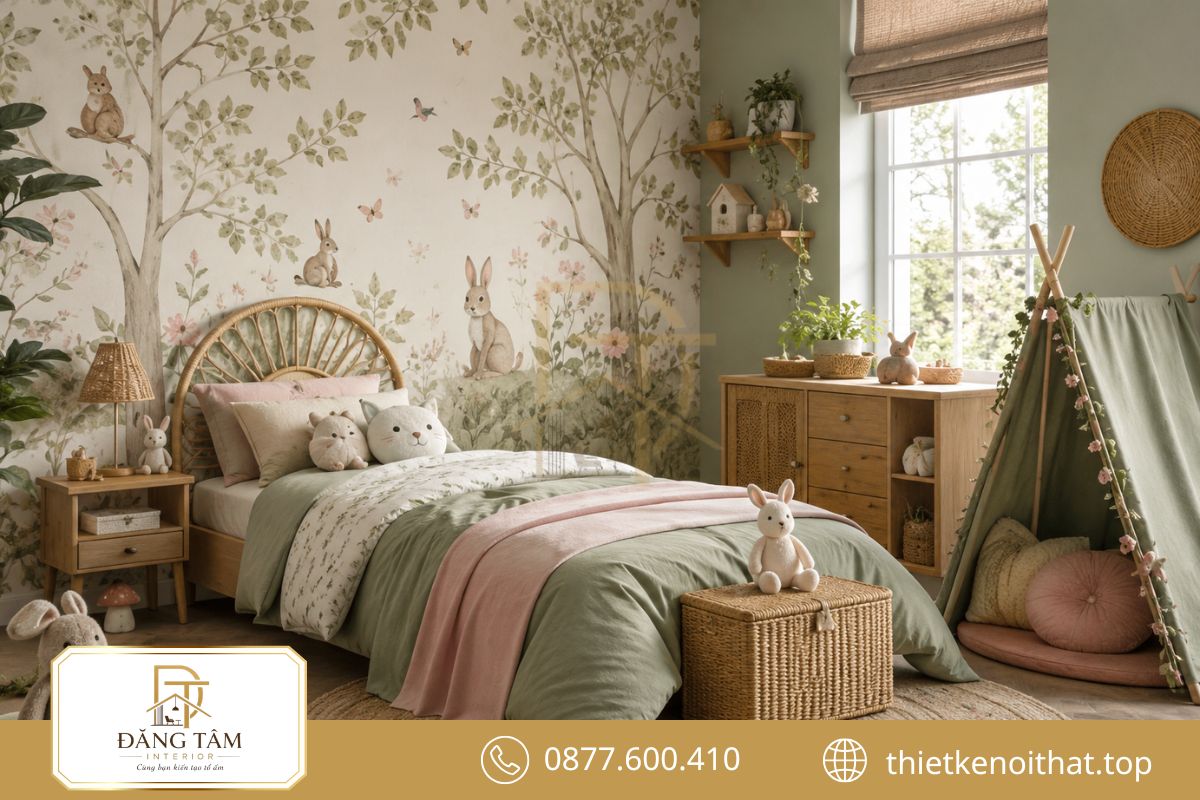 Thiết kế nội thất phòng ngủ đẹp cho bé gái họa tiết thiên nhiên