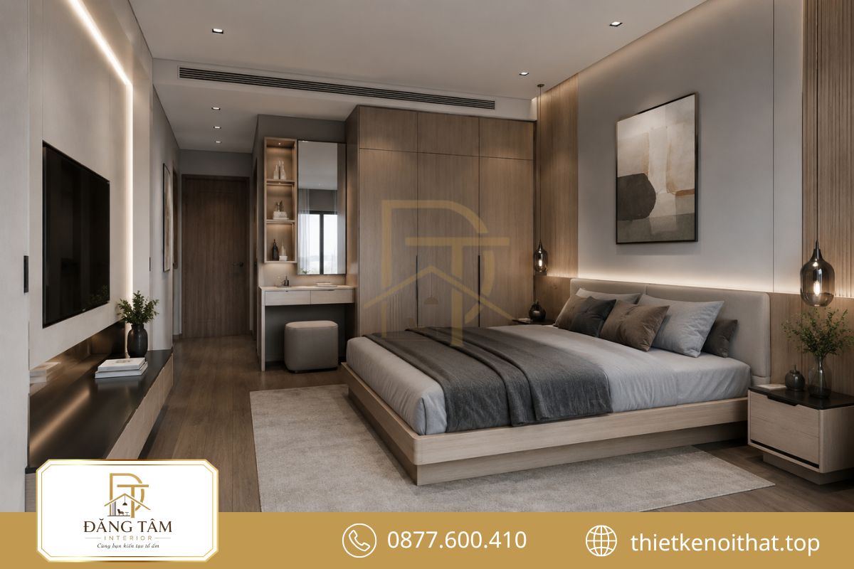 Phòng master 20m2 gọn gàng với nội thất vừa vặn và liền mạch