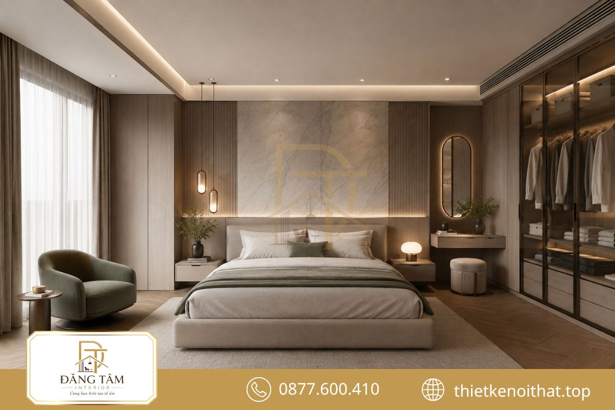 Phòng master 30m2 tạo sự cân bằng giữa tiện nghi và thẩm mỹ