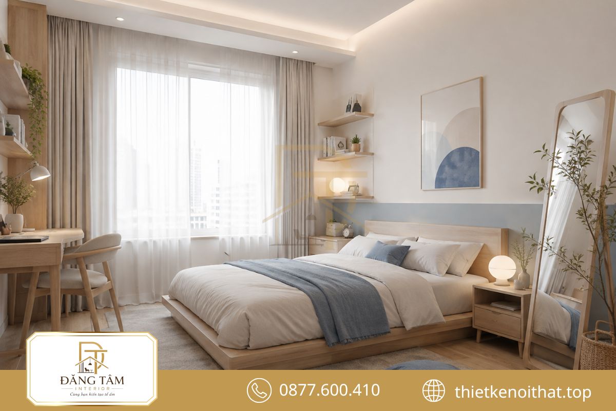 Phòng ngủ Hàn Quốc trẻ trung nổi bật với màu sáng và nội thất thấp