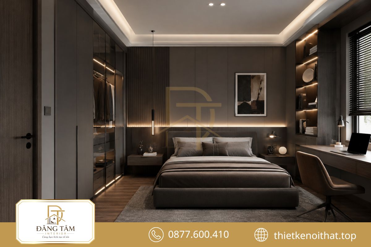Đường nét gọn gàng tạo nên phòng ngủ nam hiện đại và tiện nghi