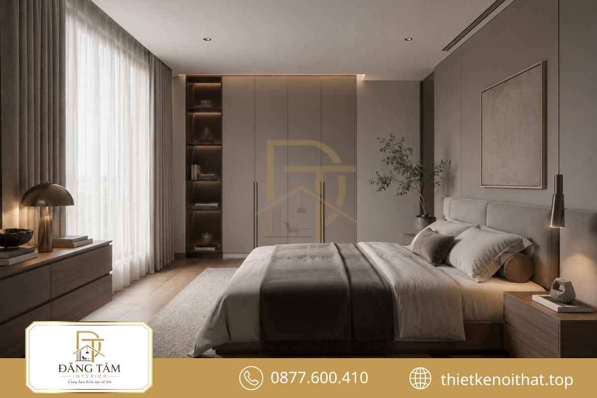 Gam màu trung tính tạo nền thanh lịch cho phòng ngủ nam hiện đại