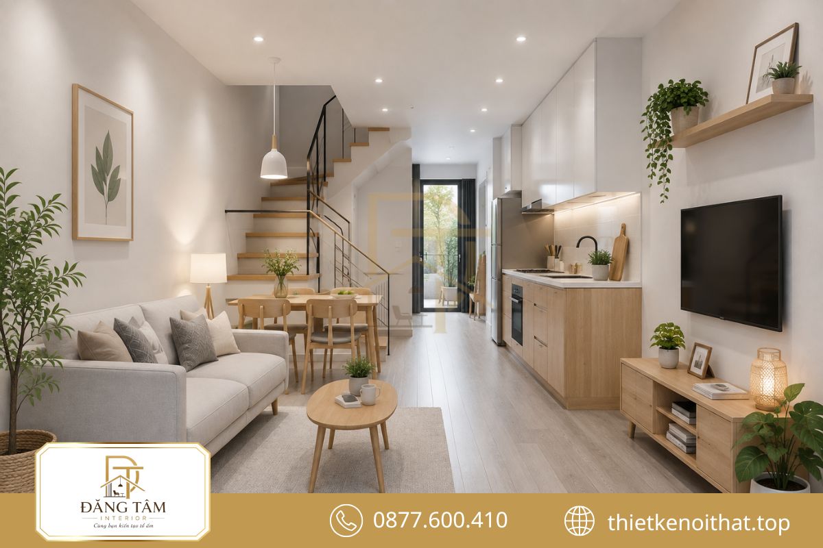 Không gian 20m2 gọn gàng nhờ nội thất nhỏ và bảng màu sáng