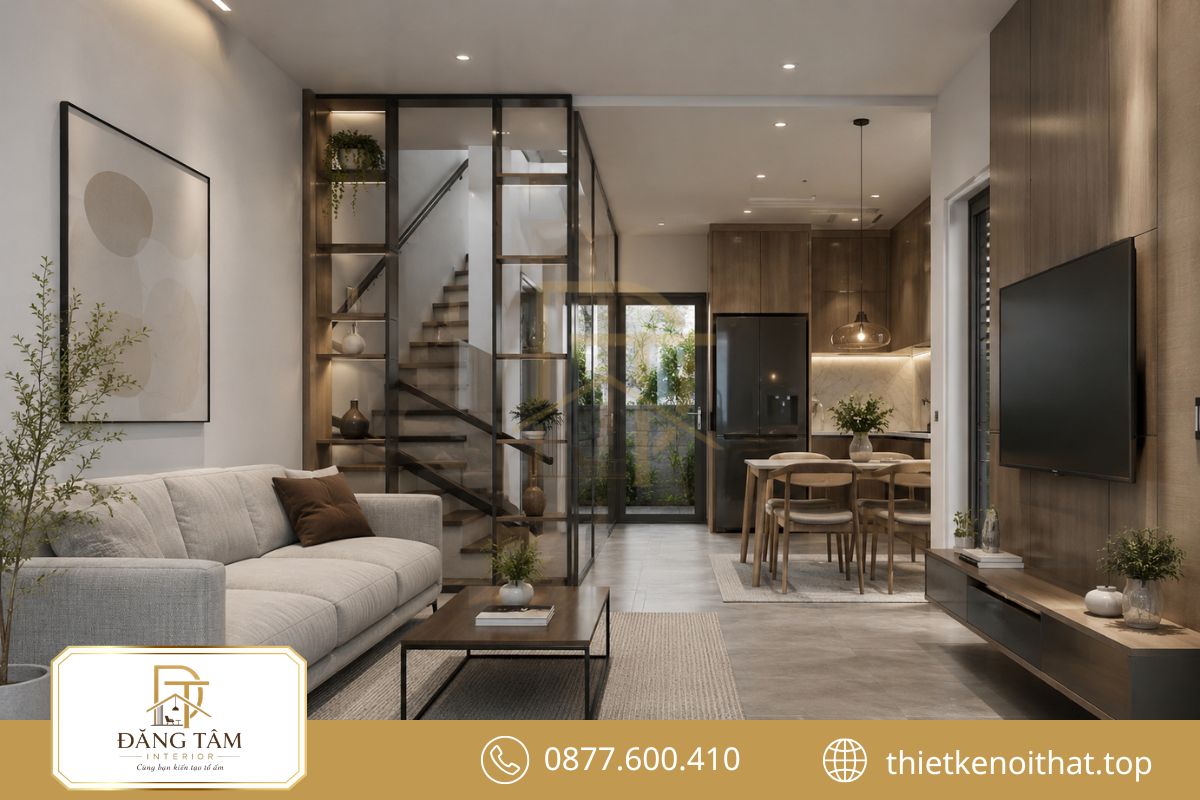Nhà phố 40m2 phân khu nhẹ nhàng bằng kính và kệ mở