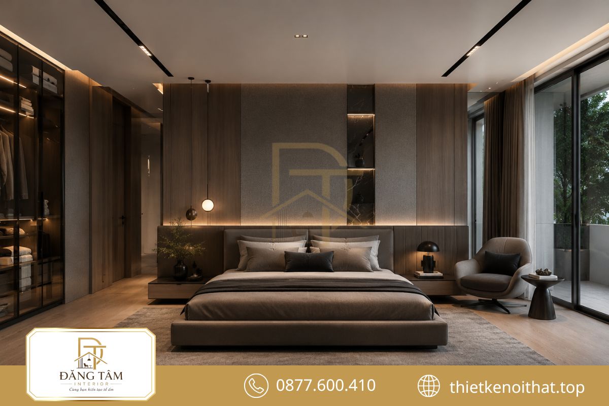 Đường nét hiện đại mang lại phòng master gọn gàng và tiện nghi