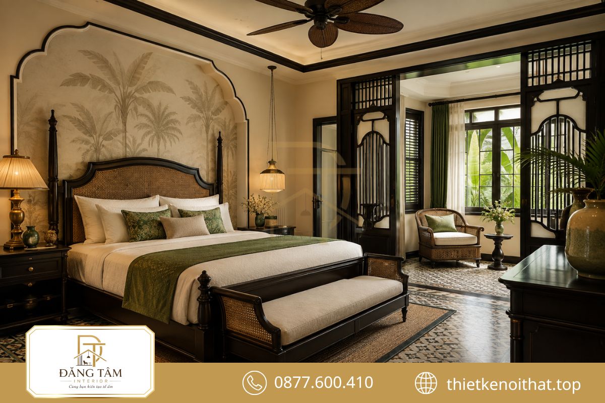Chất liệu truyền thống tạo nên phòng master Indochine giàu bản sắc