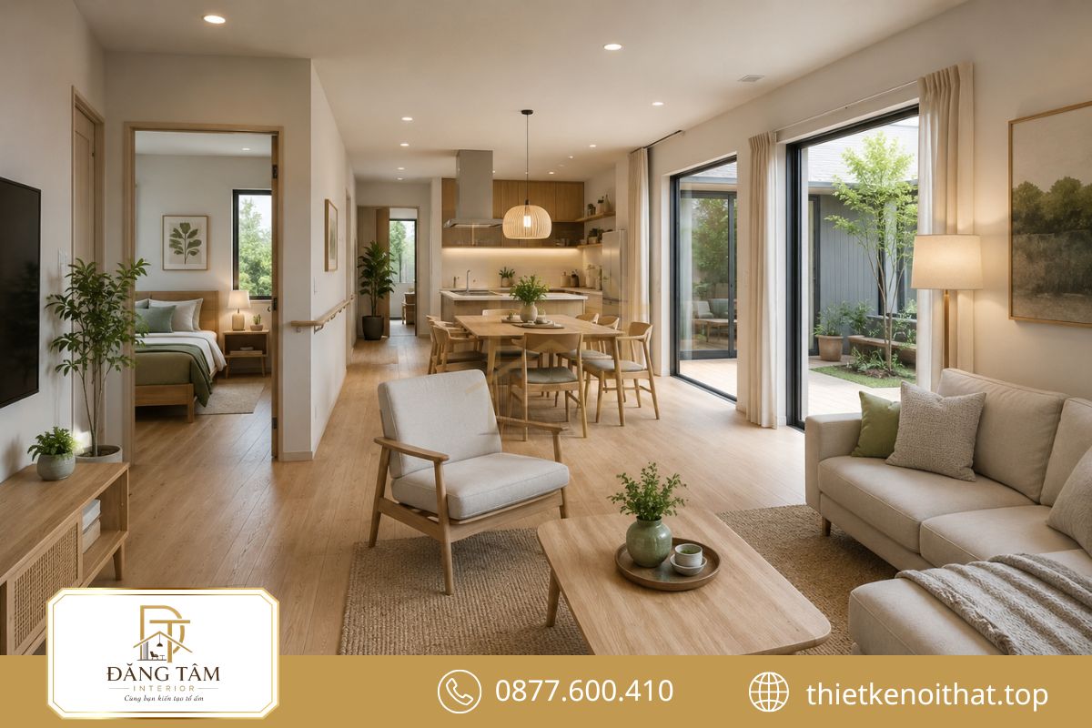Thiết kế nội thất nhà phố 1 tầng nhiều thế hệ cân bằng sự gắn kết và nhu cầu riêng tư