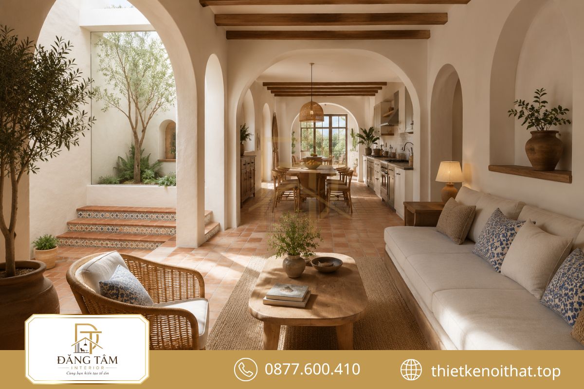 Nhà phố Mediterranean tận dụng ánh sáng, khoảng mở và nội thất gọn gàng tinh tế