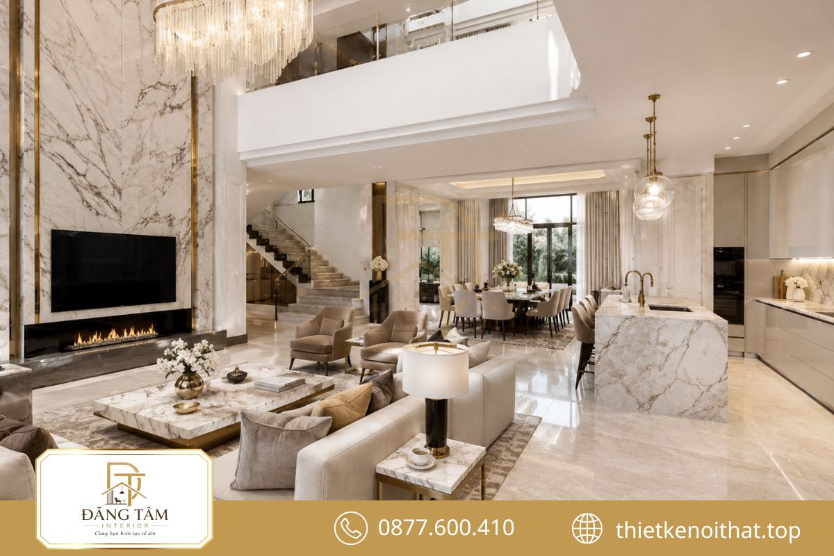 Thiết kế nội thất biệt thự Luxury nổi bật với đá vân lớn và bề mặt tinh tế