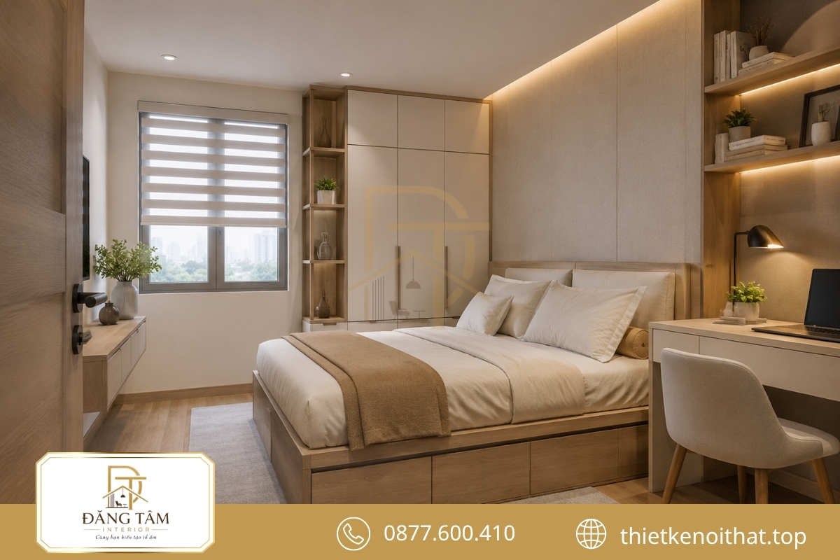 Nội thất đa năng giúp phòng ngủ 13m2 gọn gàng mà vẫn đầy đủ tiện ích