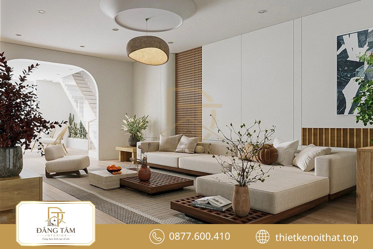 Phòng khách nhà ống thông thoáng nhờ ánh sáng và bố cục theo chiều dọc