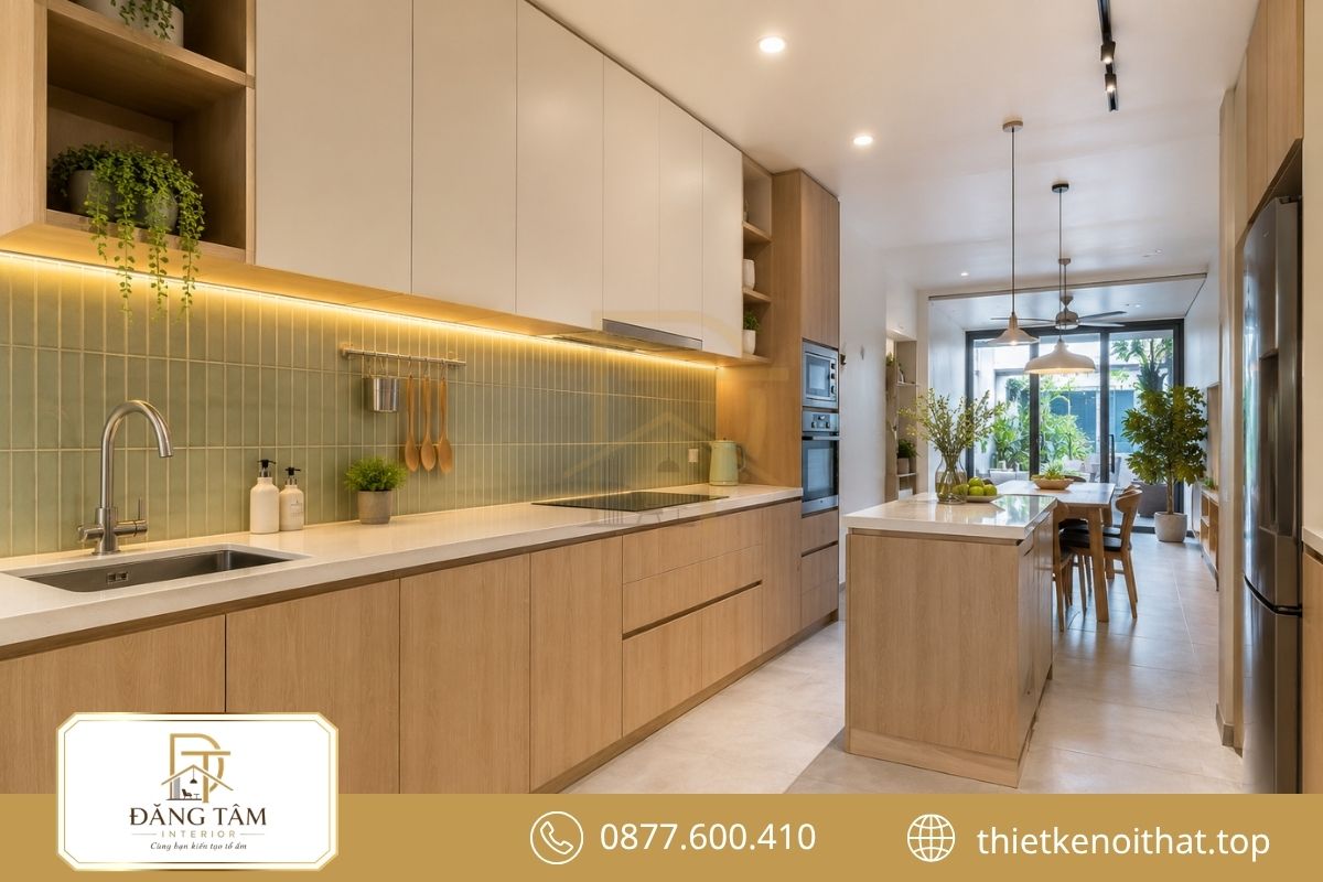 Hệ tủ cao tận dụng chiều đứng và giữ căn bếp gọn sạch