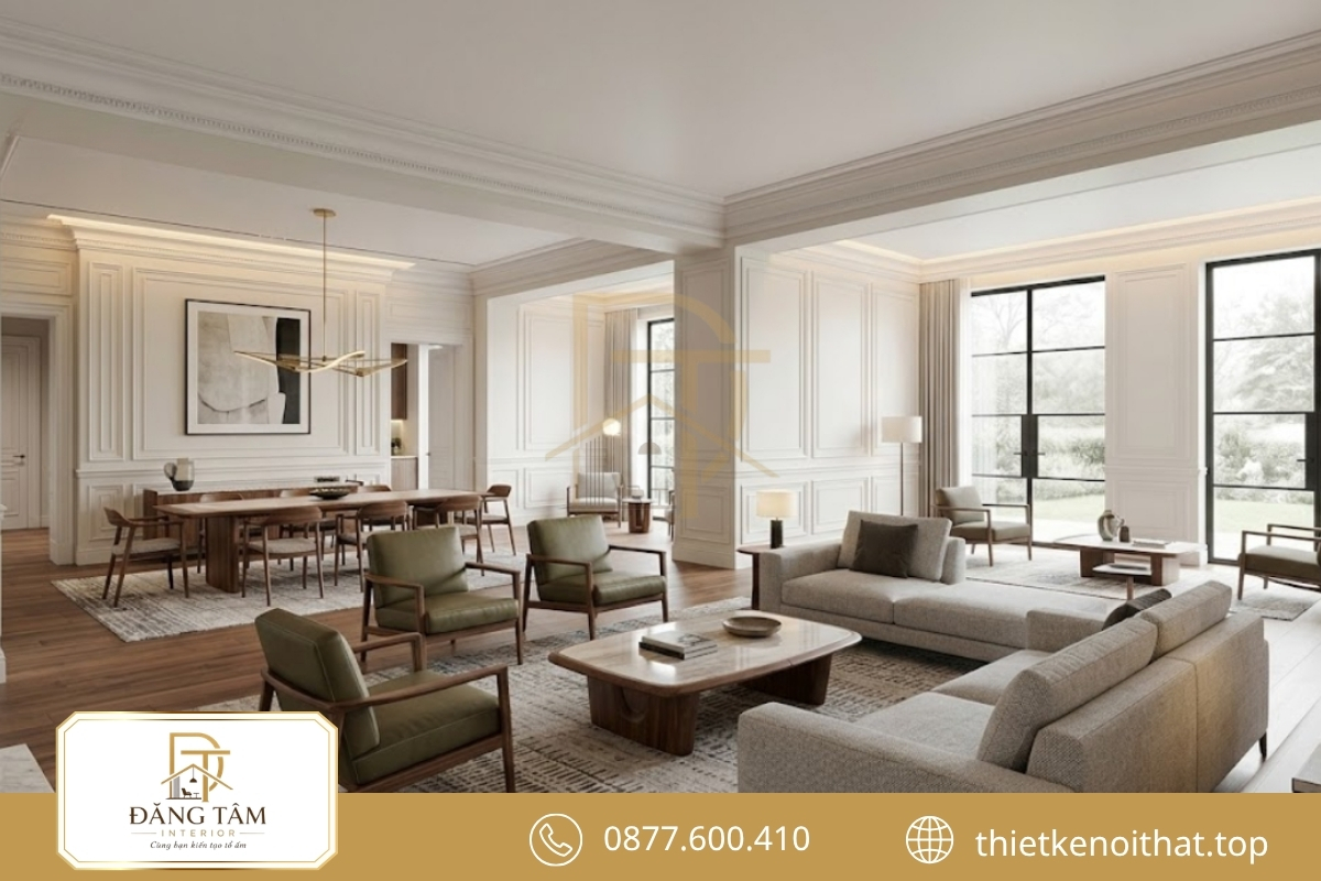Đương đại pha Mid-Century nổi bật với sắc gỗ ấm và đường cong