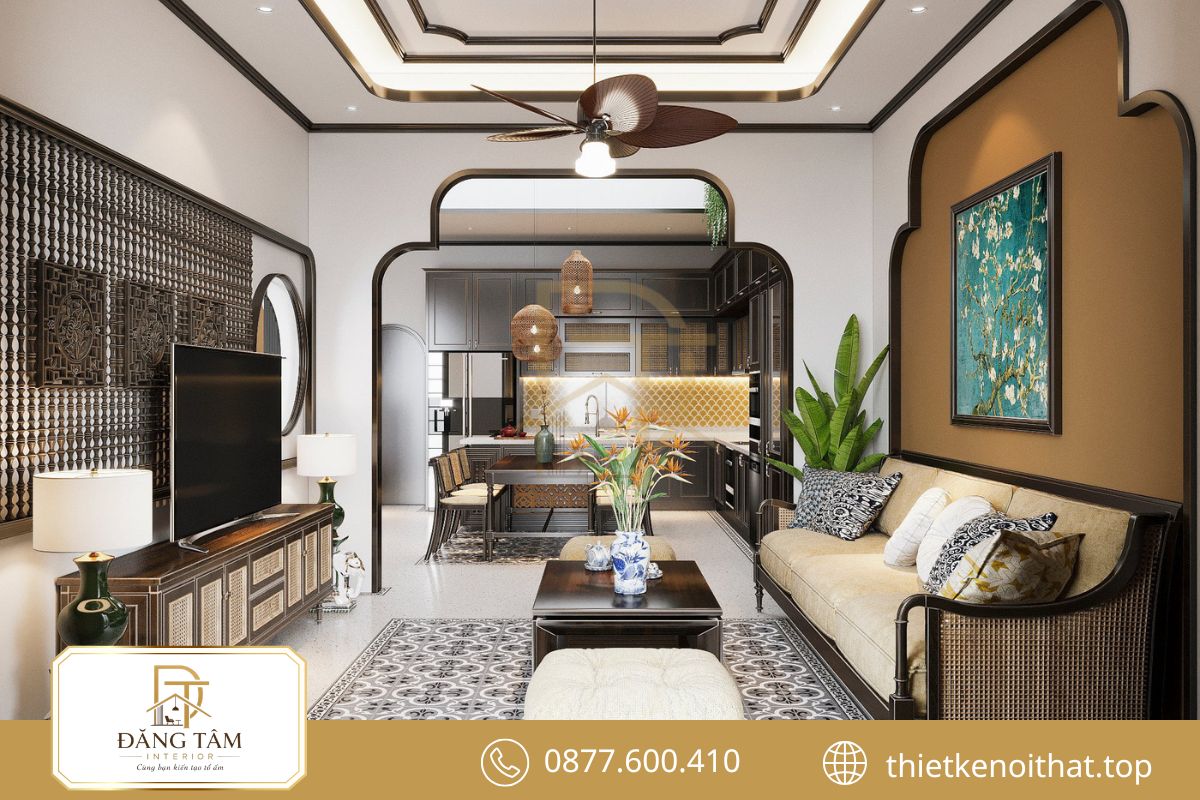 Chất liệu truyền thống tạo nên dấu ấn Á Đông sâu sắc cho nhà phố