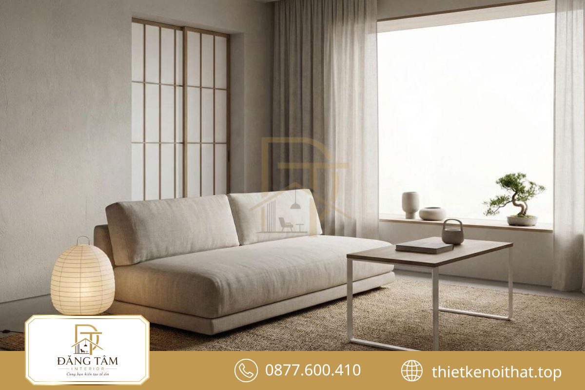 Chất liệu tự nhiên và hình khối mềm định hình phòng khách Japandi