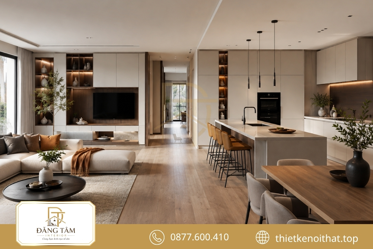 Phong cách nội thất hiện đại nổi bật với đường nét gọn và gam trung tính 