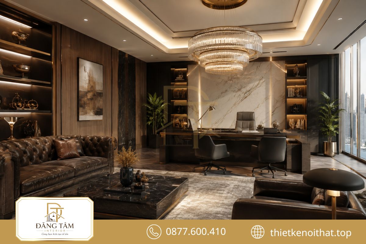 Thiết kế phòng giám đốc Luxury tạo chiều sâu bằng vật liệu cao cấp