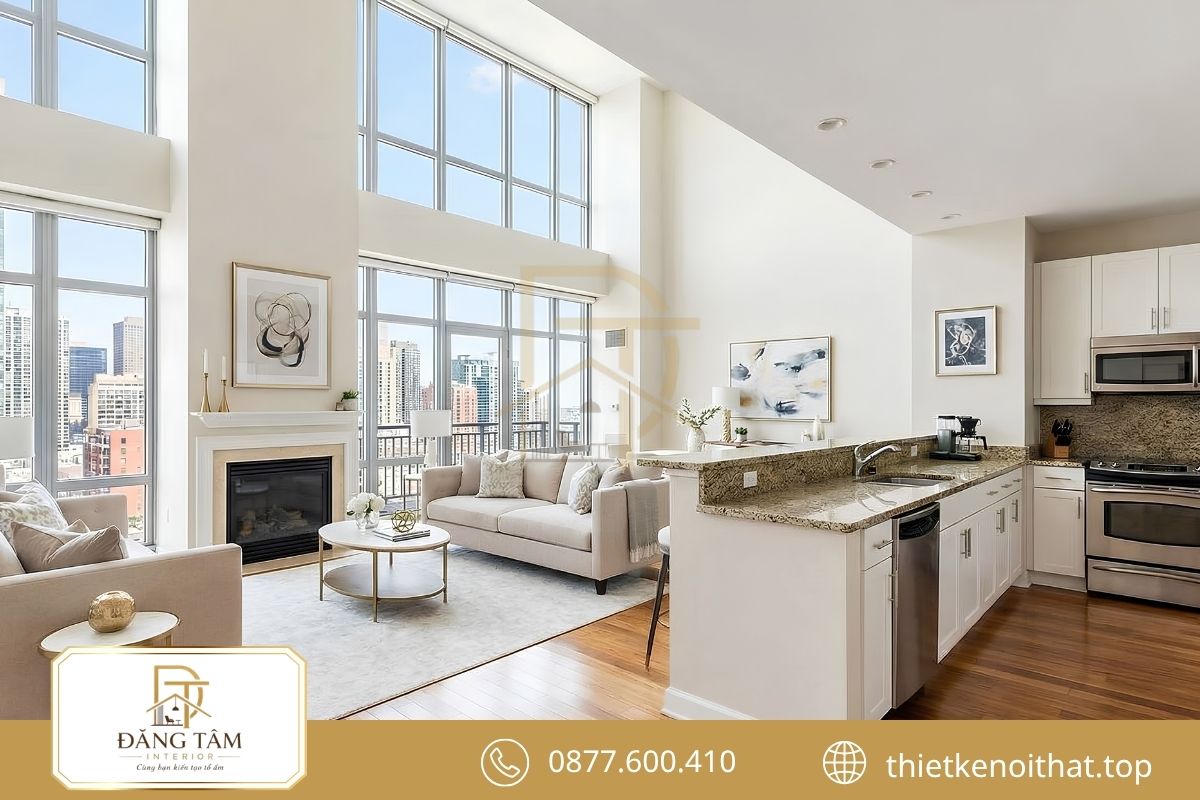 Phòng khách căn hộ 150m2 rộng thoáng với bố cục nội thất cân đối 