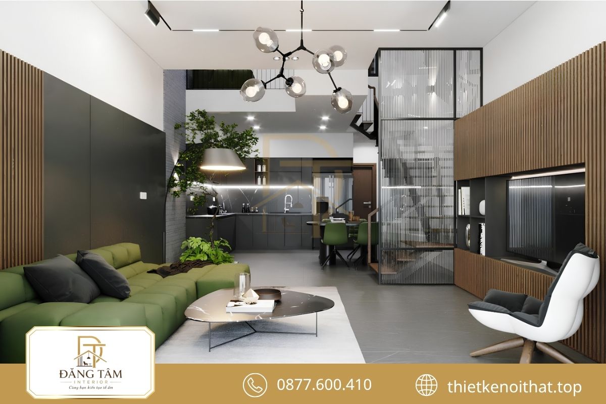 Phòng khách liền bếp tạo không gian sinh hoạt mở và thoáng 
