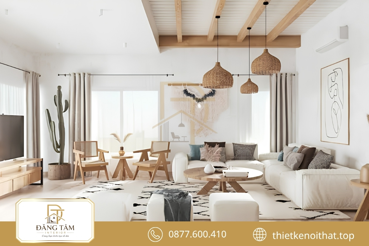 Phong cách nội thất Bohemian tạo phòng khách phóng khoáng với thảm, sofa và cây xanh
