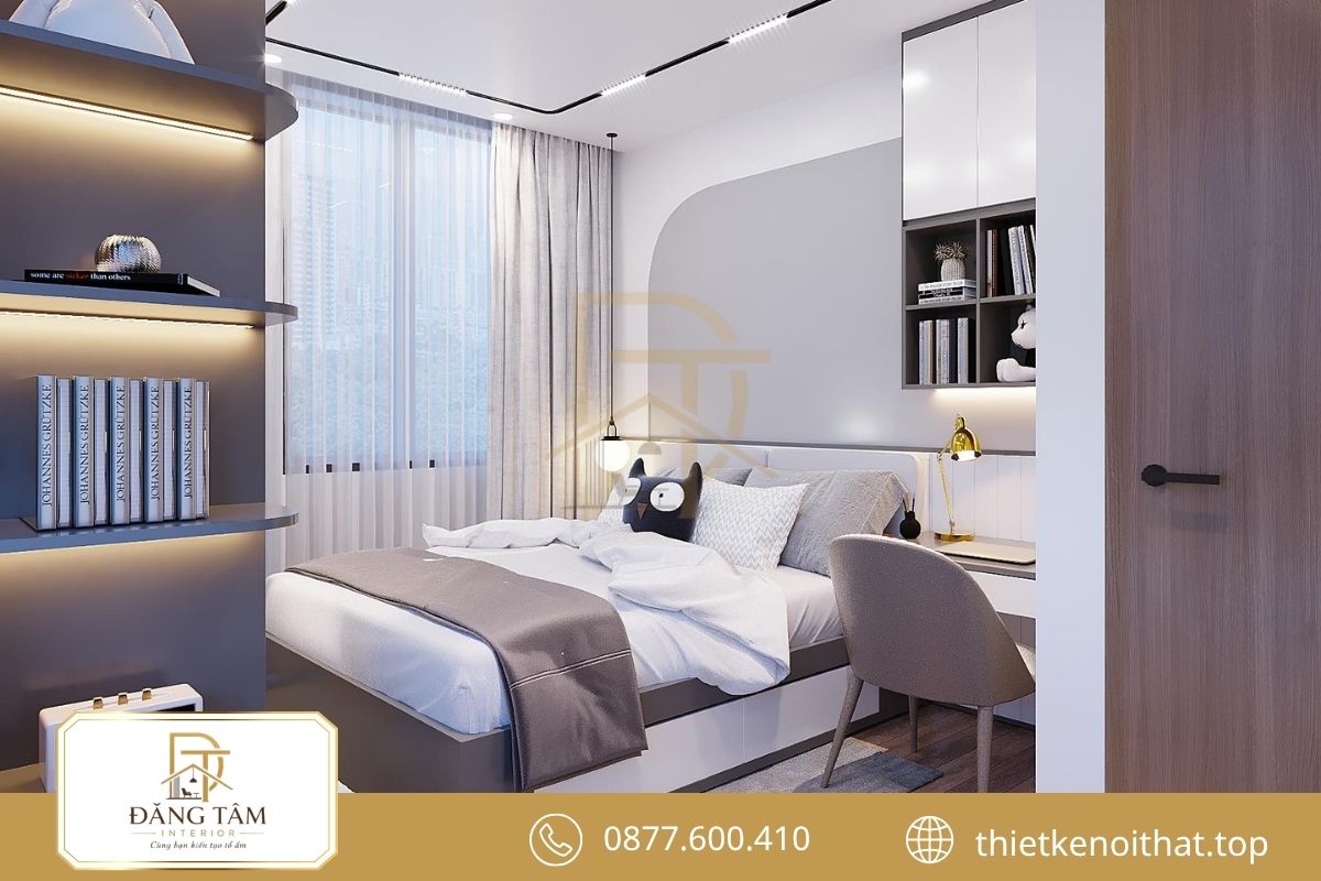 Thiết kế phòng ngủ 11m2 kết hợp bàn học và tủ sách tạo góc học tập gọn gàng