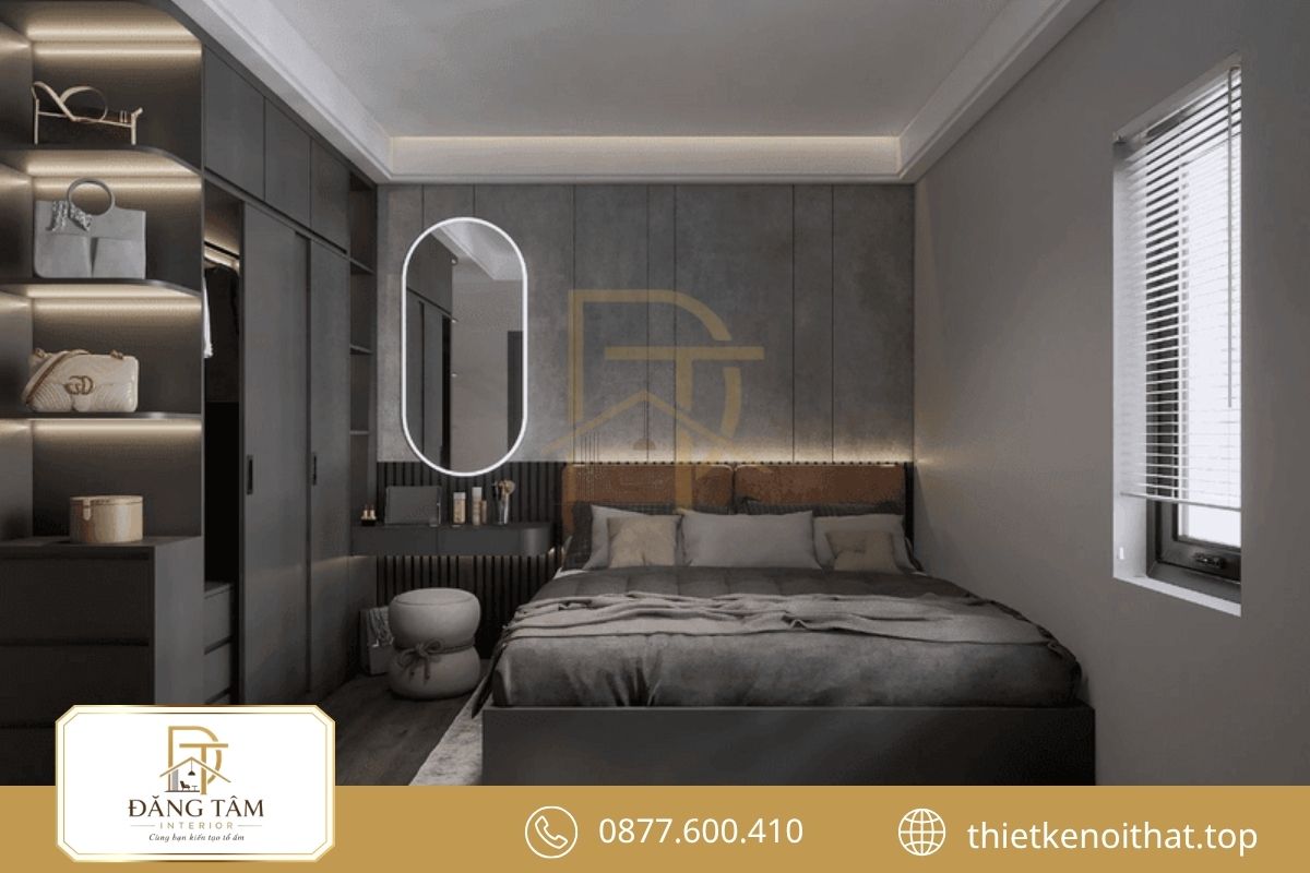 Thiết kế phòng ngủ 11m2 cho nam nổi bật với đường nét gọn và gam màu trầm
