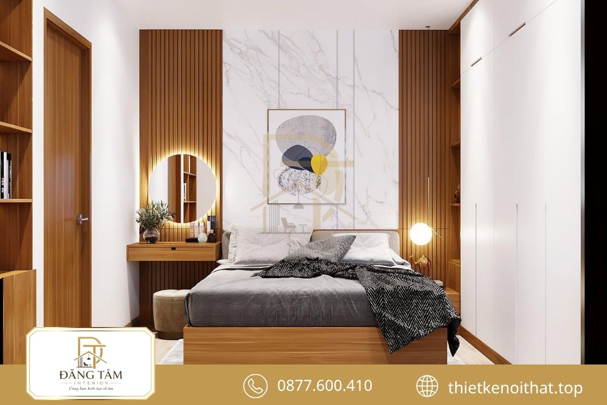 Thiết kế phòng ngủ 11m2 cho vợ chồng cân bằng giường đôi, hệ tủ và lối đi