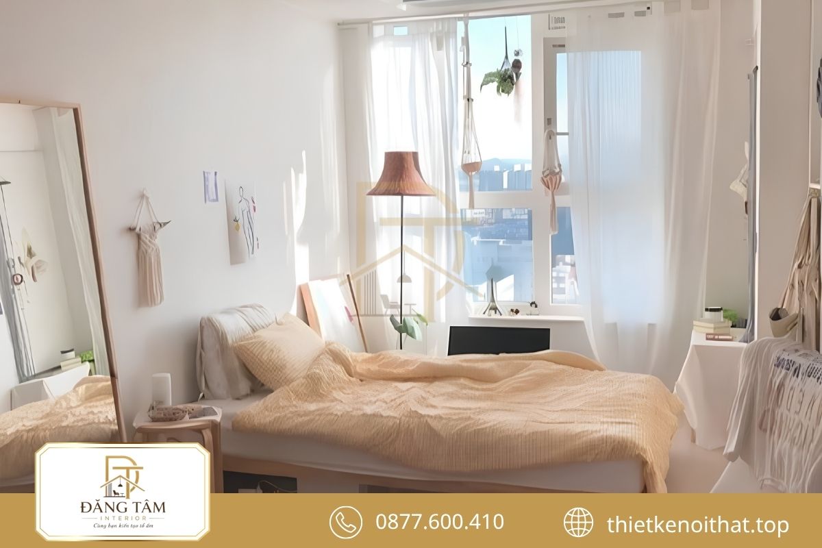Nội thất thấp cùng màu kem tạo phòng ngủ Hàn Quốc nhẹ nhàng