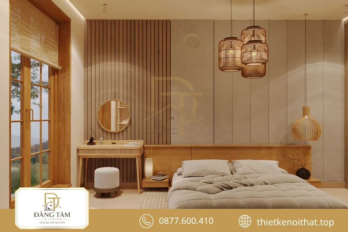 Japandi kết hợp gỗ sáng và màu trầm dịu tạo vẻ thư thái