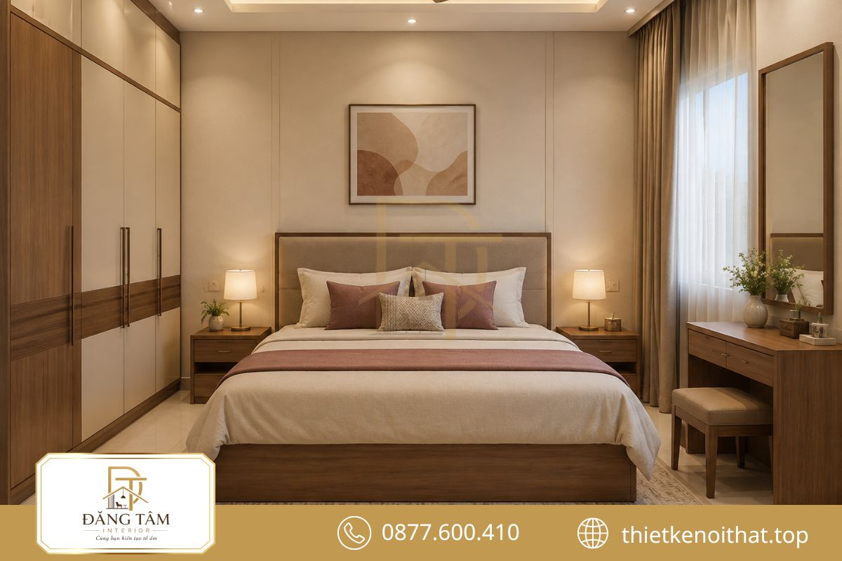 Diện tích 12m2 cân bằng tốt giữa nghỉ ngơi, lưu trữ và làm đẹp