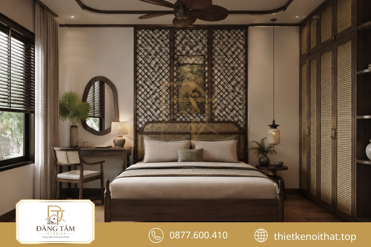 Họa tiết Indochine tiết chế giúp phòng ngủ nhỏ giữ vẻ sang trọng riêng