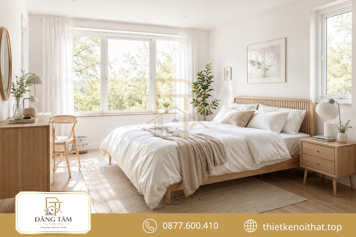 Ánh sáng tự nhiên làm nổi bật vẻ sáng thoáng của phòng ngủ Scandinavian