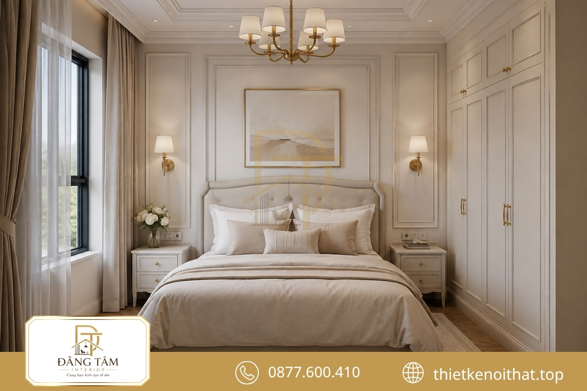 Phào chỉ mảnh tạo nét thanh lịch cho phòng ngủ Tân cổ điển 12m2
